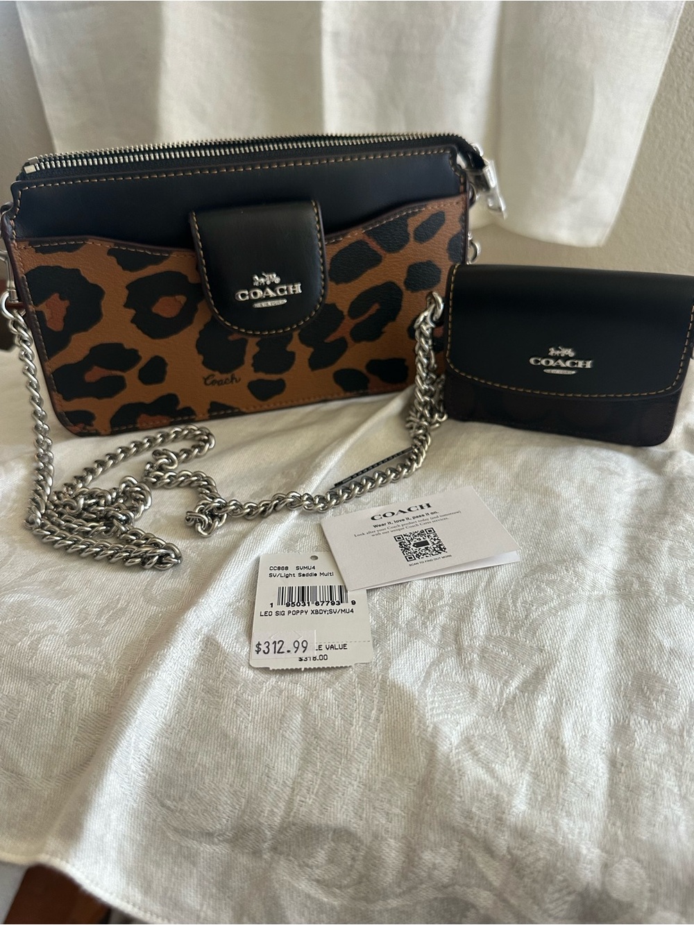 COACH Leopard Print Leather Crossbody in Brown and Black with Silver Chain